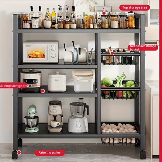 4-Tier Rolling Storage Rack with Baskets, Metal Utility Shelf on Wheels,