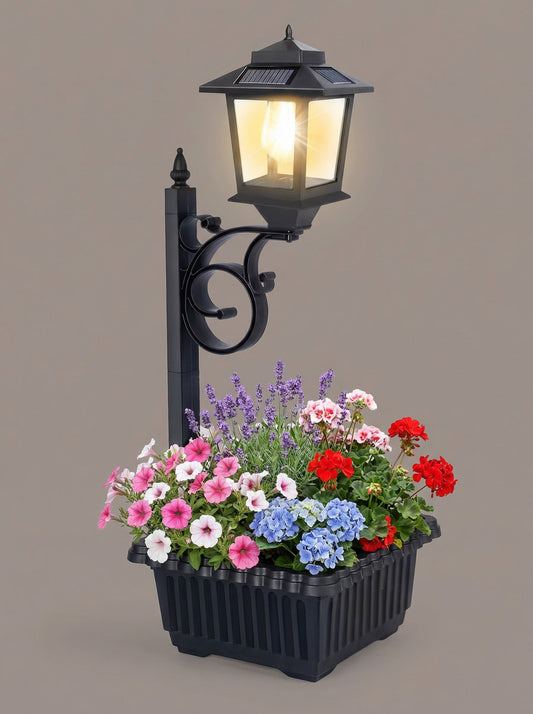 Solar Lamp Post with Flower Pot – Outdoor Garden & Patio Light –