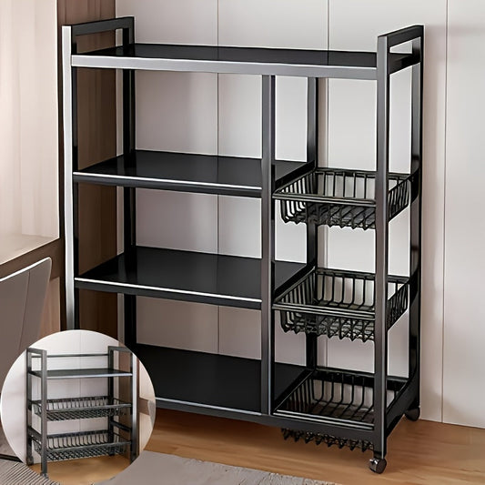 4-Tier Rolling Storage Rack with Baskets, Metal Utility Shelf on Wheels,