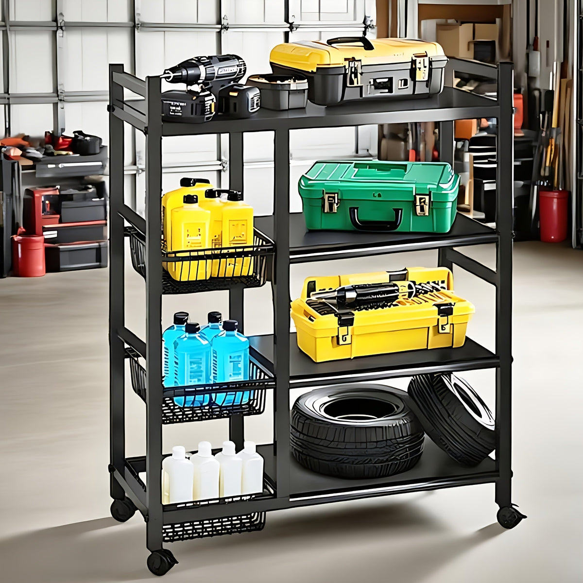 4-Tier Rolling Storage Rack with Baskets, Metal Utility Shelf on Wheels,