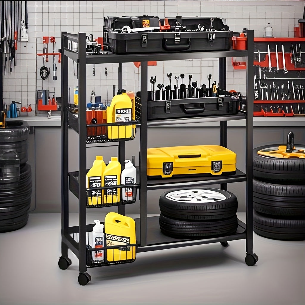 4-Tier Rolling Storage Rack with Baskets, Metal Utility Shelf on Wheels,