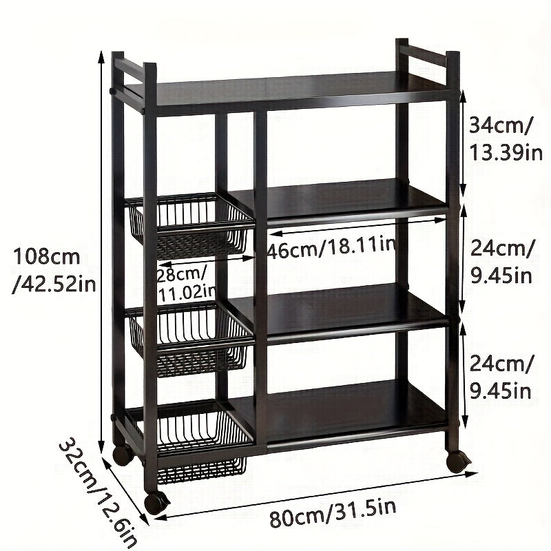 4-Tier Rolling Storage Rack with Baskets, Metal Utility Shelf on Wheels,