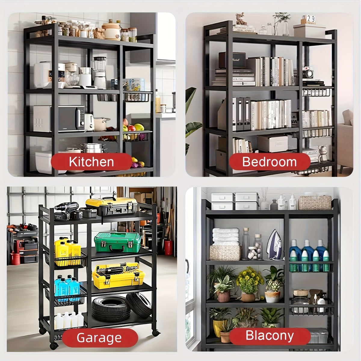 4-Tier Rolling Storage Rack with Baskets, Metal Utility Shelf on Wheels,
